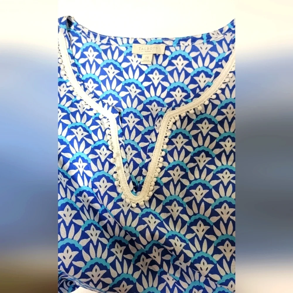 TALBOTS WOMAN 2X Blue White Cotton Scallop Tunic Blouse Top - Picture 5 of 8